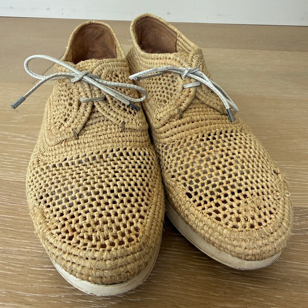 Robert Clergerie Lisa Raffia Woven Wedge Oxfords Sz 40.5 Paris Coastal